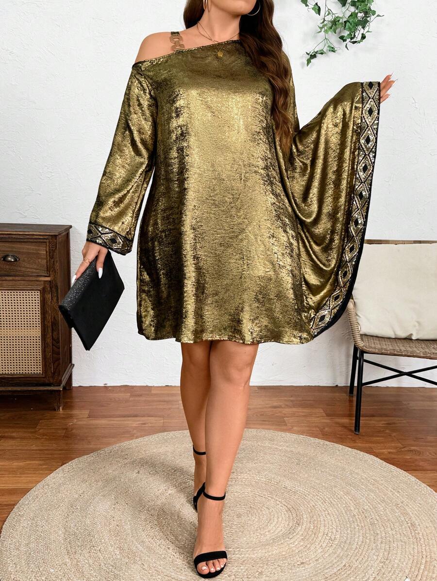 SHEIN Clasi 大码女式圣诞链环拼布耳环和优雅不对称长袖连衣裙，适合新年节日派对服装 - 金色 - 查看 1