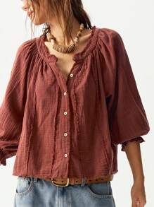 Bohemela Casual Solid Color V-Neck Mid-Sleeve Loose Woven Women's Blouse - Red - View 2