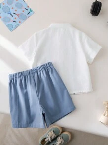 SHEIN Leap Crew 2pcs/Set Baby Boy Girl Blue And White Striped Summer Casual Vacation Decorated Ribbon Collar Short Sleeve Cardigan And Elastic Waist Shorts,Parties - Blue - View 2