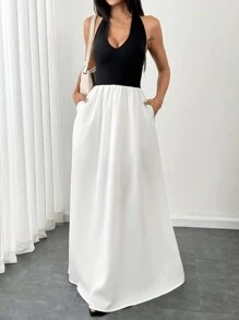 Flirla Robe trapèze noire avec insert en tricot à col montant, patchwork en tissu blanc tressé plissé, poches. minimaliste élégante pour le quotidien, le travail, les invités de mariage, la remise des diplômes, le printemps, l'été, pour femmes