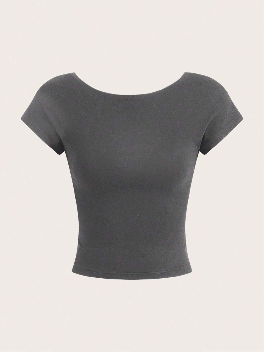 SHEIN EZwear 女士深灰色休闲简约圆领紧身镂空后背 T 恤，适合夏季 - 深灰色 - 查看 1