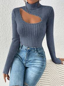 SHEIN Frenchy Cut Out Turtleneck Asymmetrical Top Textured Fabric Tee - Navy Blue - View 3