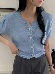 DAZY 女士休闲纯色修身短袖圆领开衫上衣，春夏秋装 - 藍色 - 查看 1