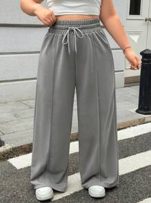 SHEIN EZwear Quần dài ống rộng cạp rút dây Plus - Xám - Xem 1