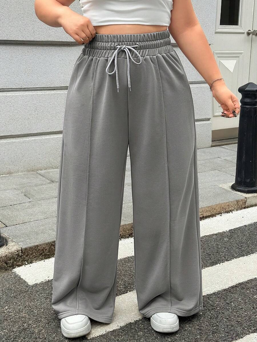 SHEIN EZwear Quần dài ống rộng cạp rút dây Plus - Xám - Xem 1
