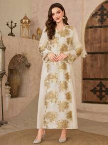 Al Najma 女士花卉亮片 V 领长袖阿拉伯传统连衣裙 - 彩色 - 查看 5