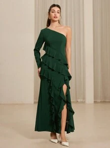 Aveloria Women's One Shoulder Long Sleeve Ruffle Hem Slit Dress, Suitable For Valentine's Day, Spring And Summer Fall Cloth For Women - Dark Green - View 6