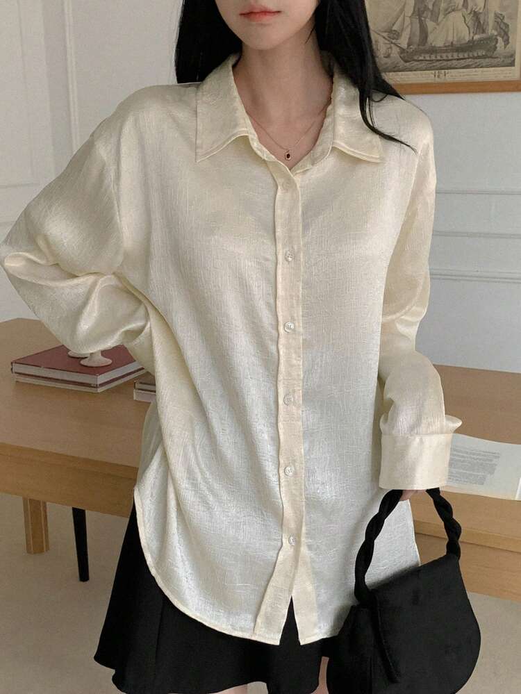 Solid Color Textured Long Sleeve Loose Turndown Collar Casual Summer Blouse For Women,Fall Clothes