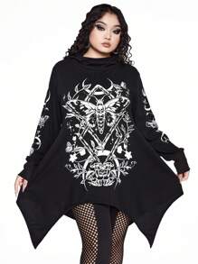 ROMWE Goth 大码女式哥特式不对称下摆棉质连帽运动衫，带口袋