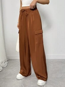 Chiquease Women Casual Versatile Elastic Waist Faux Drawstring Pocket Straight Leg Pants Fall Cloth For Women