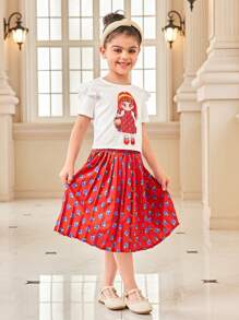 2pcs/Set Young Girl Round Neck Short Sleeve Graphic Print Casual Top And Skirt - Multicolor - View 3