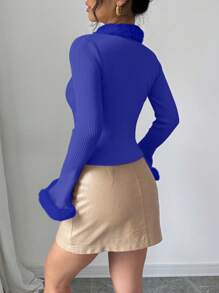 SHEIN Unity Autumn/Winter Casual Solid Color Furry Collar Patchwork Flared Sleeve Cardigan Fall Cloth For Women - Blue - View 2