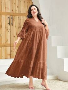 Mulvari 加大缺口领荷叶边下摆罩衫连衣裙长款女装 - 亮橙色 - 查看 3