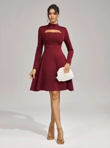 SHEIN Belle 女士纯色长袖镂空优雅舞会礼服连衣裙时尚秋冬宴会聚会公主名媛优雅网红人气公主优雅日常装连衣裙女士晚宴舞会连衣裙圣诞新年情人节可穿冬春装婚礼宾客礼服 - 酒紅色 - 查看 6