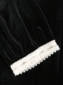 Sweetra 女秋冬复古宫廷风真丝衬衫法式精致腰饰撞色蕾丝设计长袖黑色 - 黑色 - 查看 5