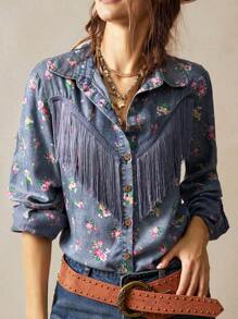 Bohemela Women's Casual Printed Loose Woven Shirt Western Wear Women Festival Boho Hippie Cowgirl Old Money - Dark Wash - View 1