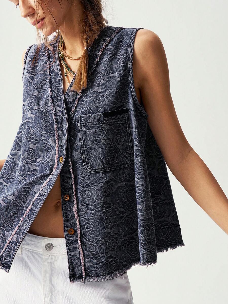 Bohemela 秋冬休闲牛仔提花宽松无袖女背心