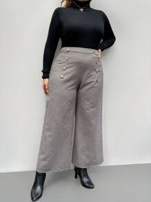 SHEIN Privé Plus Size Comfy & Casual Elegant Metal Buckle Plaid Retro Style Wide Leg Pants, Long Trousers For Women, Autumn/Winter
