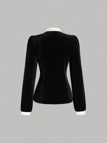 Sweetra 女秋冬复古宫廷风真丝衬衫法式精致腰饰撞色蕾丝设计长袖黑色 - 黑色 - 查看 2