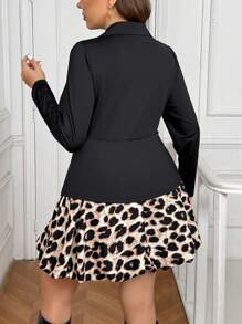 SHEIN Frenchy Plus Size Elegant & Romantic Leopard Splice Floral Hem Knee-Length Fitted Dress With Collar, Suitable For Valentine's Day, Party, Style
