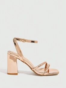 CUCCOO SZL Champagne Square Toe Ankle Strap Chunky High Heel Sandals, Fashion Commuting, Dating, Party, Holiday, Resort Valentine's Day - Champagne - View 4