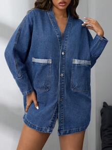 SHEIN SXY Women's Casual Autumn Mini Denim Dress With Front Button Pockets - Blue - View 4