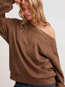 Flirla 1pc Women's Casual Versatile Classic Simple Comfortable Strapless Loose Suede-Like Long Sleeve Sweatshirt, Brown, Autumn/Winter