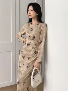 DAZY 复古印花连衣裙，新中式设计连衣裙，秋季连衣裙长袖连衣裙