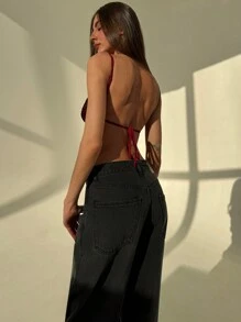 Aloruh 亮片露背勃艮第细肩带性感女式派对吊带背心，适合情人节和圣诞节 - 酒紅色 - 查看 7