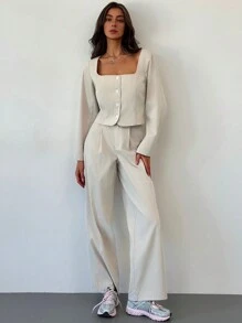 Aloruh Conjunto casual de 2 piezas de blusa de manga larga con cuello cuadrado y botones, y pantalones, para otoño - Caqui - Ver 4