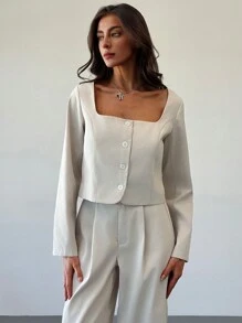 Aloruh Conjunto casual de 2 piezas de blusa de manga larga con cuello cuadrado y botones, y pantalones, para otoño - Caqui - Ver 6