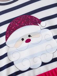 SHEIN 年轻女孩休闲条纹长袖上衣 + 红色亮片迷你裙套装，适合圣诞节、秋冬季 - 玫紅色 - 查看 4