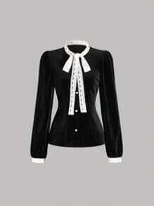 Sweetra 女秋冬复古宫廷风真丝衬衫法式精致腰饰撞色蕾丝设计长袖黑色 - 黑色 - 查看 1