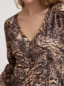 Lunelith SHEIN Lunessa 1 pieza Camiseta de manga larga holgada y cómoda con cuello en V, estampado de leopardo y cebra asimétrico y sexy para mujer, multicolor, para otoño/invierno y primavera