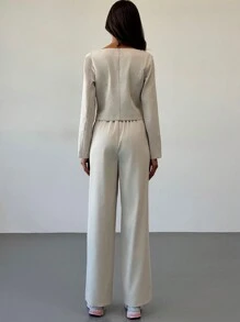 Aloruh Conjunto casual de 2 piezas de blusa de manga larga con cuello cuadrado y botones, y pantalones, para otoño - Caqui - Ver 2