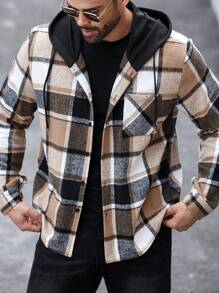 Manfinity CasualMax Plus Size Men's Casual Plaid Drawstring Hooded Shacket, Autumn/Winter