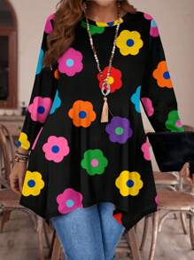 EMERY ROSE Casual Versatile Colorful Floral All-Over Print Plus Size Loose Long Sleeve T-Shirt