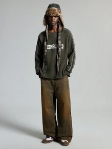 NEON BLANC Men's Street Style Letter Jacquard Crew Neck Sweater, Long Sleeve, For Fall Winter