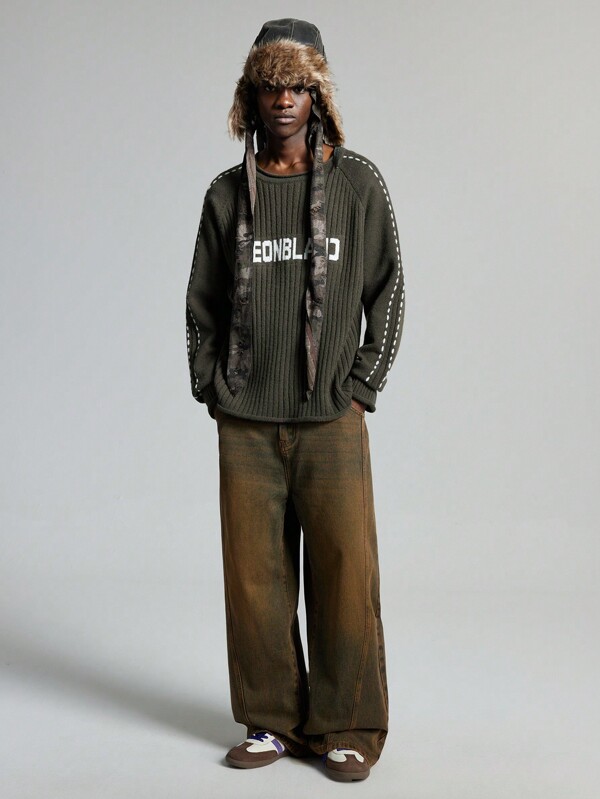 NEON BLANC Suéter de cuello redondo con estampado de letras, de estilo callejero para hombre, de manga larga, para otoño e invierno