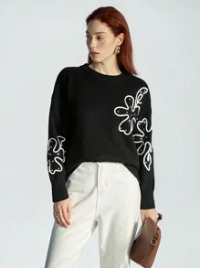 Aveloria Modichic Floral Embroidered Loose Fit Crew-Neck Sweater, Versatile Casual Plant Style Women's Warm Pullover Knit Pullover Fall Winter - Black - View 6