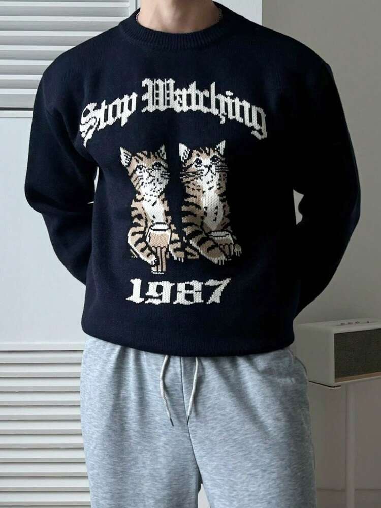 Men's Cartoon Cat Jacquard Pattern Sweater,Fall Clothes