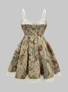 ROMWE Kawaii 复古维多利亚宫廷风格花卉细肩带女式连衣裙 - 彩色 - 查看 3