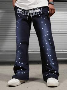 ROMWE MEN Street Life Pantalones rectos de uso diario casual con gráfico de letra lavada estilo urbano para hombres - Multicolor - Ver 1