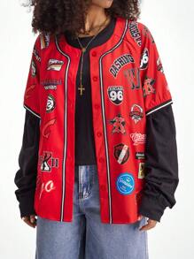 SHEIN Coolane 女式秋冬街头图案足球衬衫 - 紅色 - 查看 4