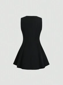 Sweetra 夏季新款 V 领双排扣高端修身腰 A 字型黑色无袖迷你连衣裙 - 黑色 - 查看 2