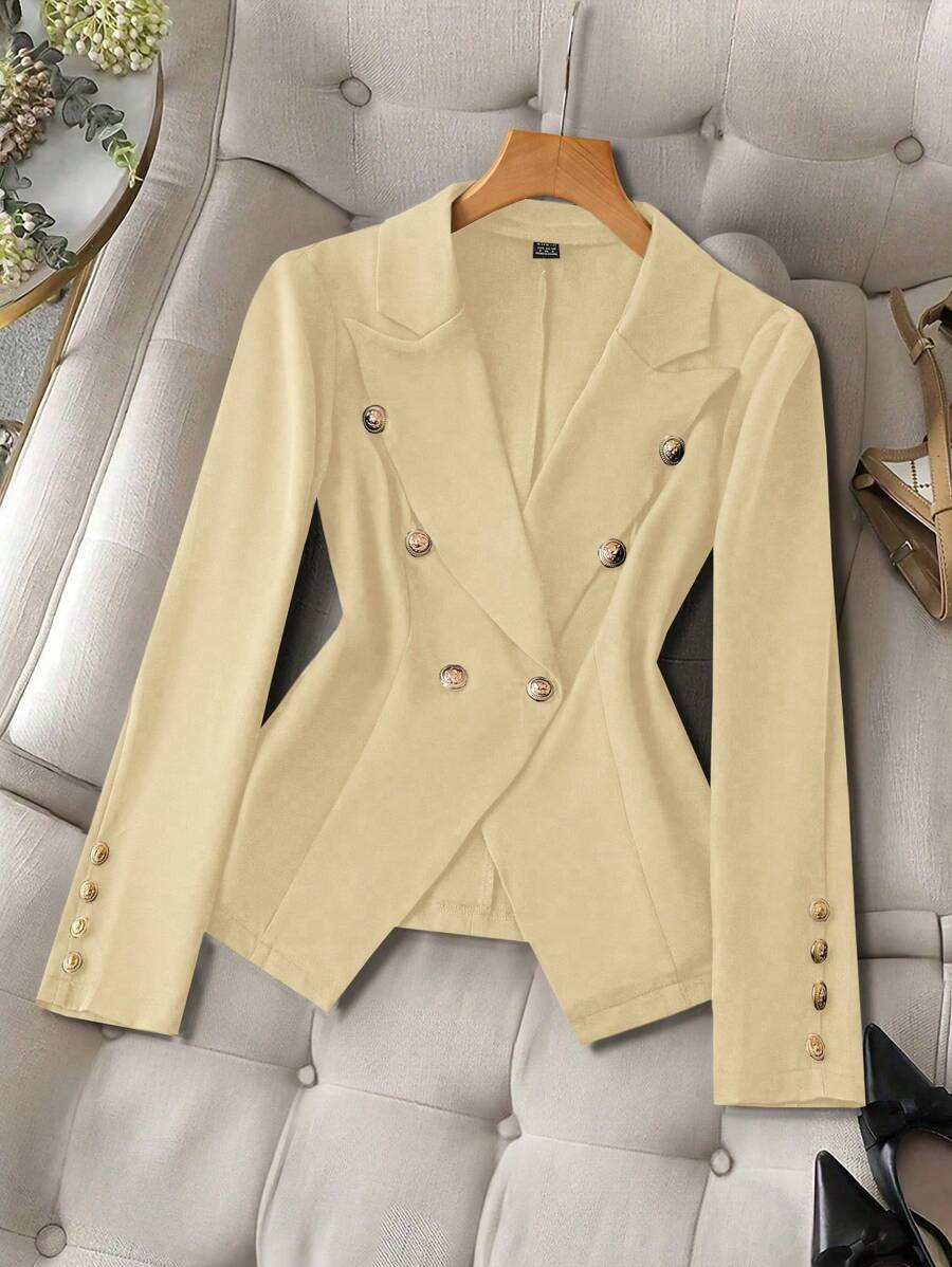 SHEIN Clasi Women's Solid Color Notched Lapel Long Sleeve Elegant Office Blazer, Autumn - Apricot - View 1