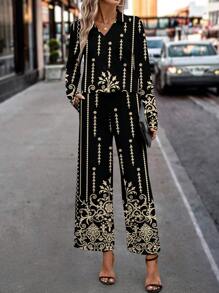 SHEIN Clasi 2pcs Women's Casual Simple Placement Print Set, Spring Clothes