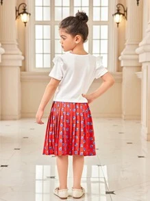 2pcs/Set Young Girl Round Neck Short Sleeve Graphic Print Casual Top And Skirt - Multicolor - View 2