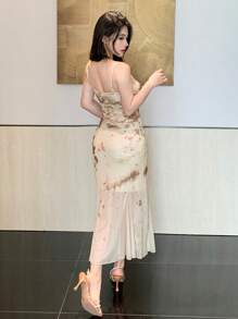 DAZY Robe en maille avec fleur incrustée sur le corps, robe mi-longue élégante en mousseline pour femme - Nude - Voir 2