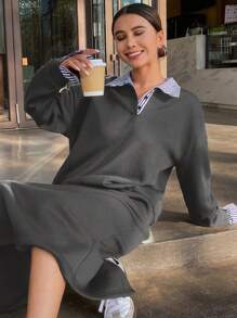 DAZY 2 件套女士撞色拼接长袖宽松运动衫和直筒 A 字裙套装，秋季女装